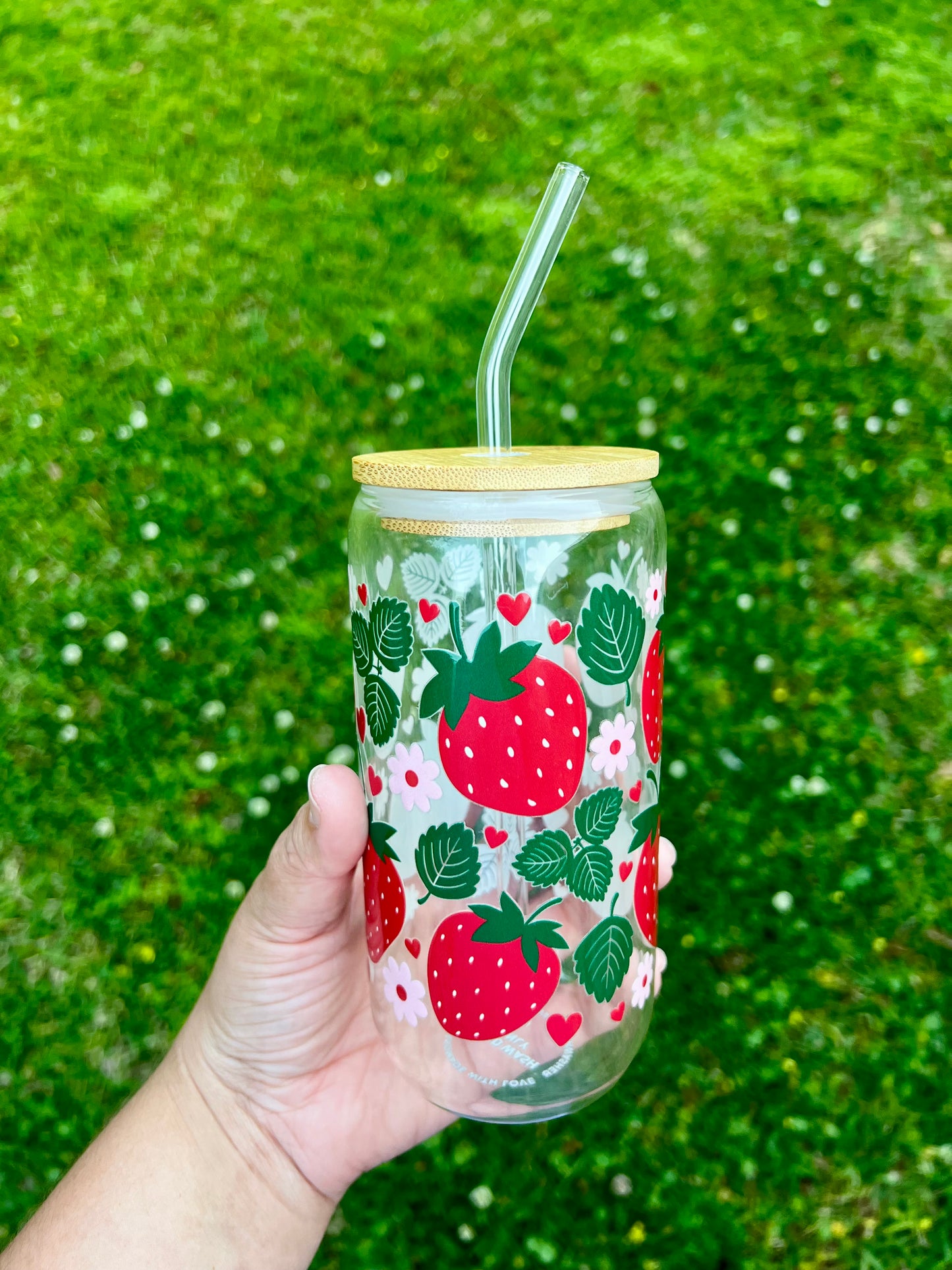 Strawberry and Greenery Glass Cup