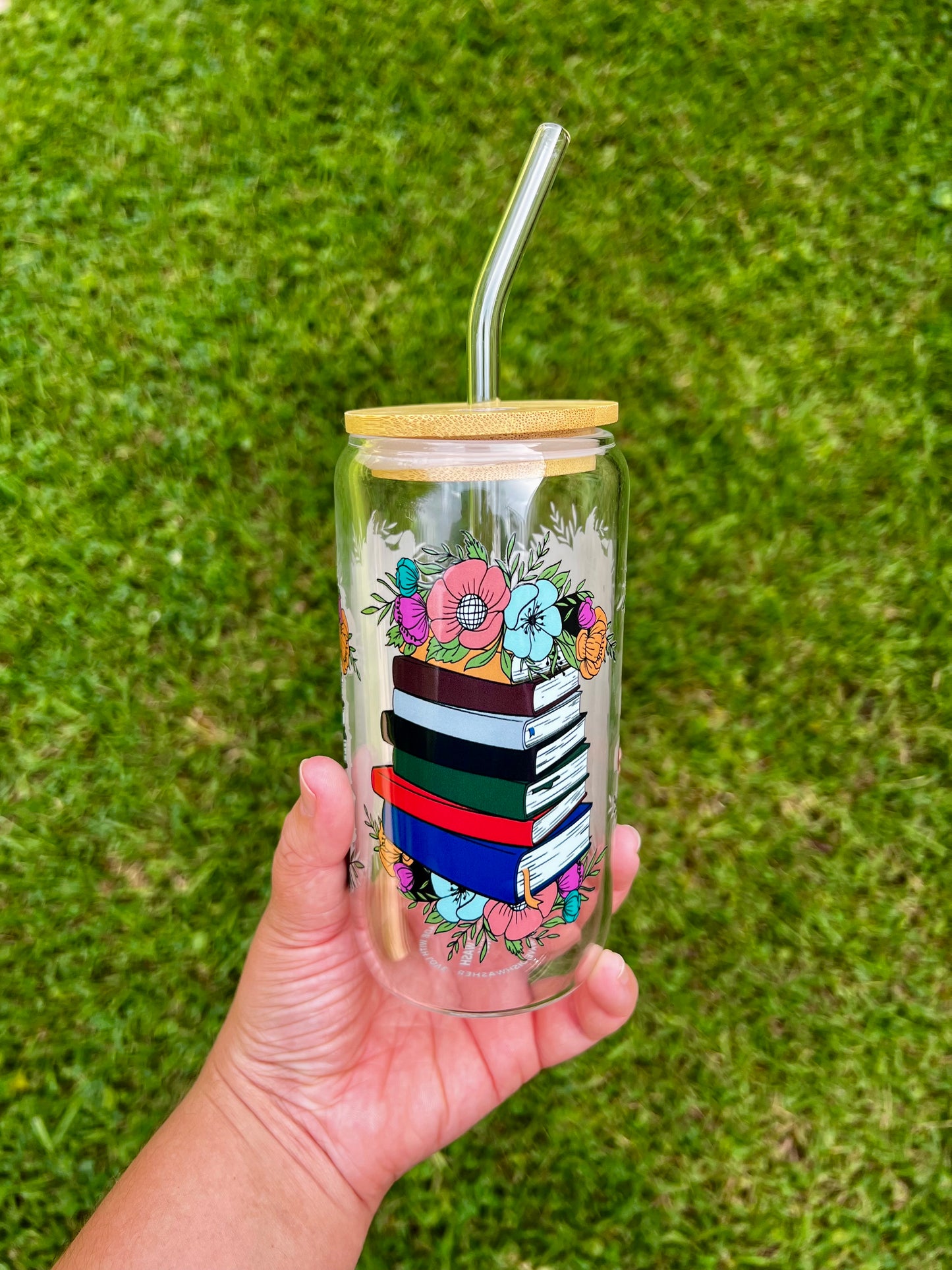 Flowers and Books Glass Cup