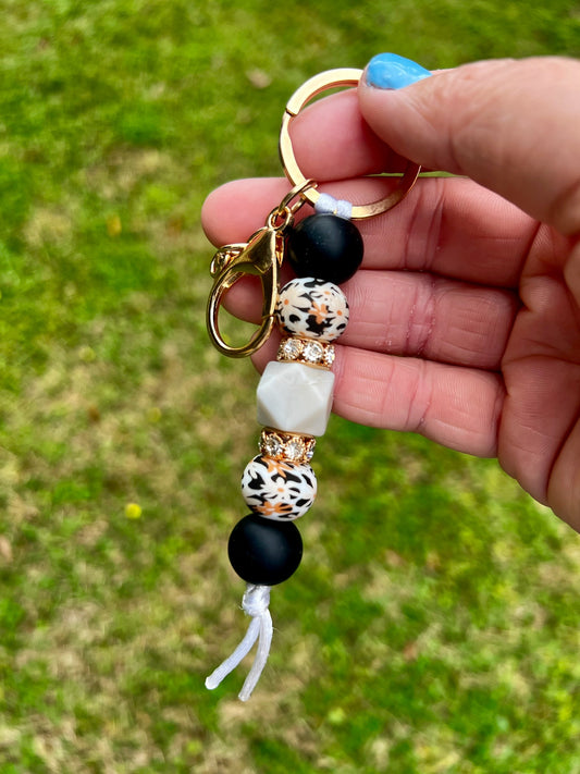 Neutral Floral Cow Keychain