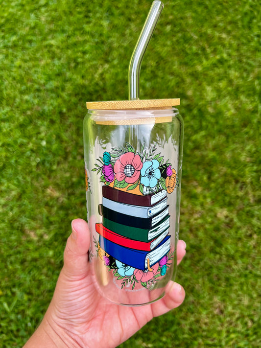 Flowers and Books Glass Cup